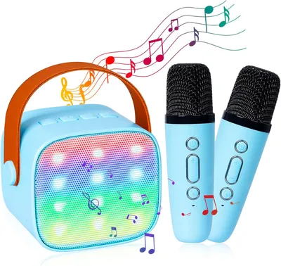 Produktbild von Karaoke Maschine, Mikrofon, Mini-Karaoke-Maschine, Tragbares Bluetooth Karaoke Maschine mit 2 Mikrofonen, mit Stimme wechselnde Effekte & LED-Lichter