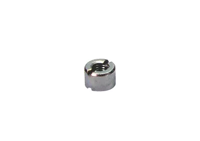 A single metal nut with a slot is shown against a white background.