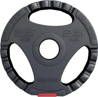 A single black weight plate with three grip holes and red accents is shown against a white background.