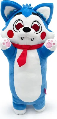 A plush toy of a blue cartoon wolf character standing upright against a white background.