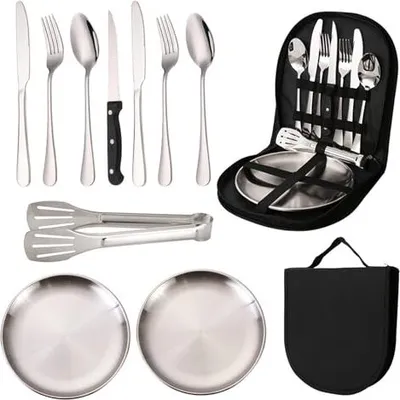 Produktbild von Camping -Geschirr -Set 10 2 Personen tragbarer Besteck aus Edelstahl Picknick Wandern
