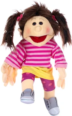 A full-body shot of a puppet on a white background.