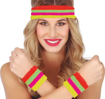 Produktbild von 80s Retro Neon Stirnband Sport Accessoire Karneval Bunt Trendschweißbänder Fitness Party