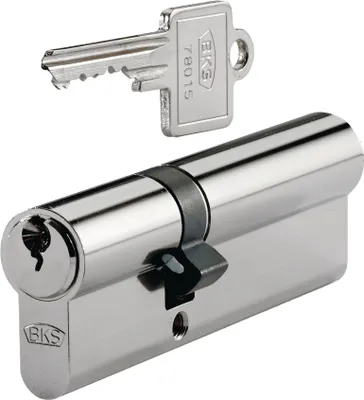A silver lock cylinder and a silver key are shown against a white background.