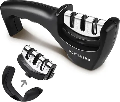 Produktbild von Messerschärfer für Küchenmesser, 3 Stufen, ergonomisches Design, schwarz und chrom, für glatte und gezahnte
