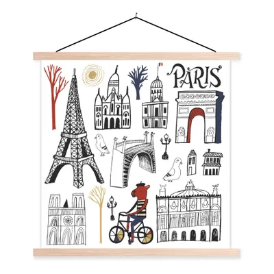 Produktbild von MuchoWow® Textilposter Paris - Eiffelturm - Zeichnung 60x60 cm mit holzfarbenen Rahmen - Wanddekoration