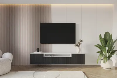 Produktbild von ALTDECOR TV-Schrank NOA-2-W mit Gefrästen Fronten 200x40x41 Lowboard hängend, TV Möbel, TV Cabinet, Fernsehtisch, Fernsehschrank, TV Kommode, TV Tisch, TV Sideboard, TV Board - Weiß / Schwarz