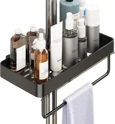 Image de Étagère de douche, sans perçage, réglable en hauteur, en aluminium, inoxydable, solide et durable, avec barre, noir