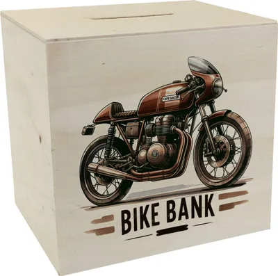 Produktbild von Cafe Racer Motorrad Spardose aus Holz mit Spruch Bike Bank