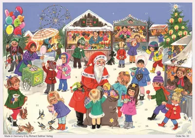 A Christmas market scene with Santa Claus, children, stalls, and a Ferris wheel.