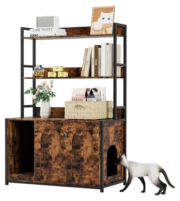 Produktbild von Katzenklo Schrank Braun mit Metallgestell Katzenm?bel fš¹r Wohnzimmer und Flur 90 x 45 x 132 cm