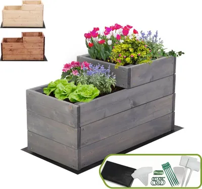 Produktbild von MODO24 Hochbeet Holz, Pflanzkasten, Massivholz, Kiefer, Kräuterbeet, Blumenkasten, Garten, Terrasse, 36x30x63 cm, Grau, ZP07