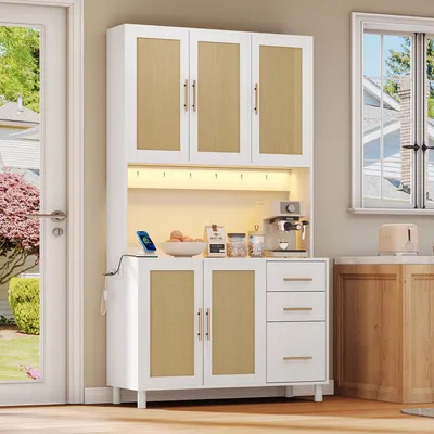 Produktbild von okwish Hochschrank,Sideboard mit 3 Schubladen&goldene Metallgriffe,Kommode mit LED-Licht & USB und Steckdosen,Küchenschrank mit verstellbare Einlegeböden,Weiß