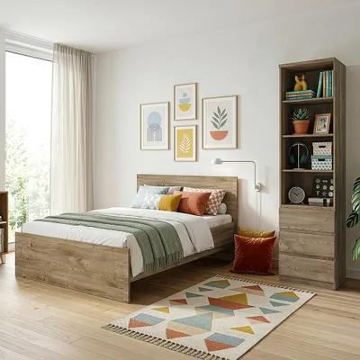 Produktbild von Jugendzimmer-Set mit Bett 90x200 cm & Regalschrank in Eiche, modern, 2-teilig - FORTALEZA-129