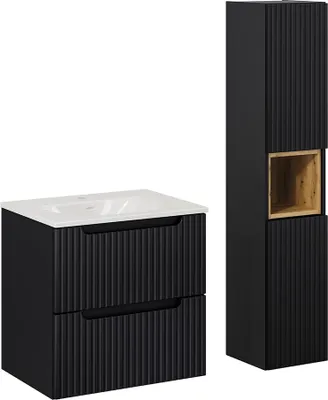 Produktbild von Waschtisch und Hängesäule 60cm Riva mit 2 Schubladen, Schwarz