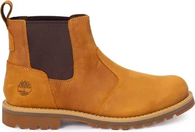 A side view of a brown Timberland Chelsea boot.