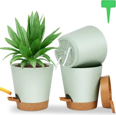 Imagen del producto de Macetas de auto-riego Famanu con plato – Plástico – 165 x 17 cm – 20 etiquetas para plantas – Sistema de riego – Para uso en interiores y exteriores