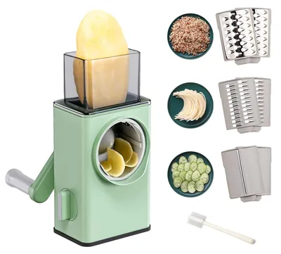Produktbild von Rotierende Kartoffelreibe Küche Mandoline 3 in 1 Gemüseschneidetrommel 3 Edelstahlklingen Käsereibe mit Kurbel (Gehackt, Geschnitten, Julienne)
