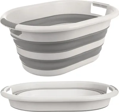 A collapsible laundry basket shown in both its expanded and collapsed states.