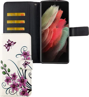 Produktbild von Samsung Galaxy S21 Ultra Tasche Handy Hülle Schutz-Cover Flip-Case mit Kartenfach Lotusblume