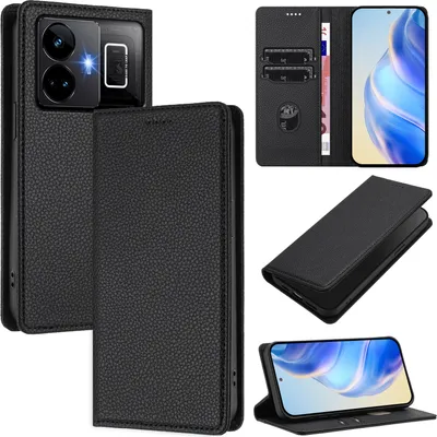 Produktbild von Litchi Leder Handyhülle für Realme GT3/Realme GT Neo 5 240W Wallet Kartenfächer Standfunktion Hülle Schwarz