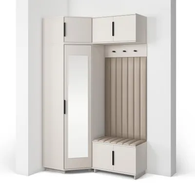 Produktbild von Garderoben-Set Napoli Version 23: Eckschrank mit Polsterpaneelen, Schuhschrank und Schrankaufsatz Flur und Eingangsbereich (Cashmere/Trinity 03)