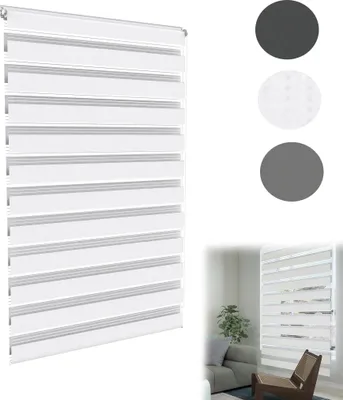 Image de UISEBRT Zebra Double store 60x220 cm Blanc - Store translucide sans percer, store de fenêtre avec Klemmfix & chaînette, protection visuelle & solaire pour chambre à coucher salon bureau