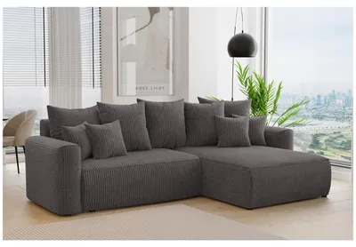 Produktbild von MEBLINI Schlafcouch mit Bettkasten - 260x160x78cm - Dunkelgrau Cordstoff - BALI - Kleines Ecksofa mit Schlaffunktion - Sofa mit Relaxfunktion und Kissen - Kleine Couch L-Form - Eckcouch