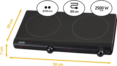 A black electric double hot plate with circular cooking zones, knobs, and indicator lights, with dimensions and power specifications overlaid.
