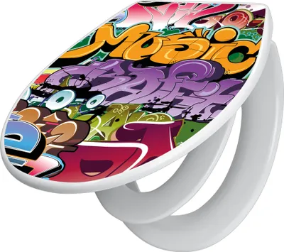 Produktbild von banjado Familien WC Sitz mit Absenkautomatik 37x44,5x5cm -Graffiti - Klodeckel/Klobrille mit kindersitz aus hochwertigem Polypropylen - universeller Toilettensitz mit Kindersitz integriert [TDWK 10203]