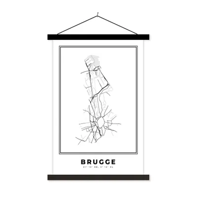 Produktbild von MuchoWow® Textilposter Karte - Belgien - Brügge - Schwarz und weiß - Stadtplan 60x90 cm mit schwarzem Rahmen - Poster Wohnzimmer