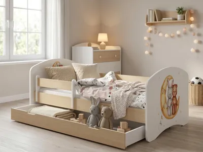 Image de Lit junior 140 x 70 cm « Happy » avec coffre de rangement | Lit d'enfant avec barrière de sécurité |Reproduction « Poirier clair » pour chambre d'enfant, lit d'enfant