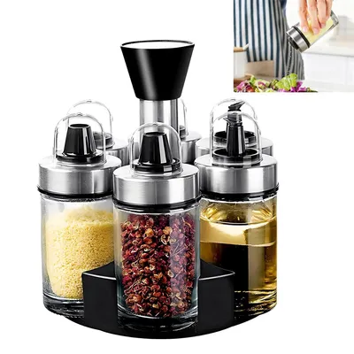 Produktbild von Gewürzgläser Set mit Drehteller 6x100ml – Glas Gewürzdosen mit 3 Ausläufen | Für Salz Pfeffer | Organizer