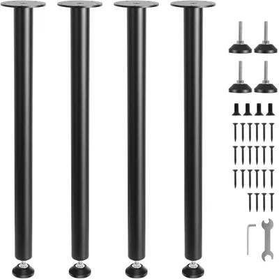Four black table legs with mounting plates and screws are displayed against a white background.