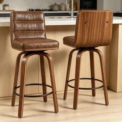 Obrázek produktu pro MODFU Sada dvou barových stoliček s otočnou konstrukcí o 360°, otočné, s ergonomickou opěrkou nohou a polstrovanou opěradlem, barva hnědá