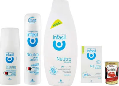 Produktbild von Infasil neutro extra delicato Testpaket, deo spray deodorant vapo, Intimseife dushgel 4 stuck + Italian Gourmet polpa 400g