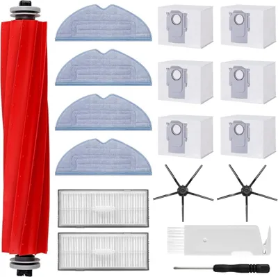 A collection of cleaning accessories for a robot vacuum cleaner, including a main brush, dust bags, mop pads, and filters.