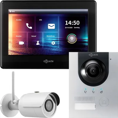 Produktbild von GOLIATH IP Unterputz Video Türsprechanlage Set + Kamera für 1 Familienhaus (Silber 180° Türstation, 7" Touchscreen Monitor Schwarz, IP WLAN Außenkamera, App)