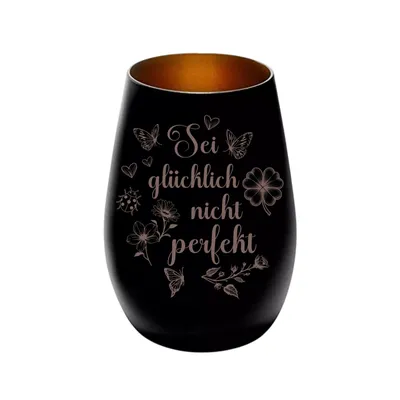 Produktbild von Stölzle Lausitz Windlicht schwarz bronze aus Glas mit Lasergravur „Sei glücklich nicht perfekt“, persönliches Geschenk für Freunde, Familie & Partner
