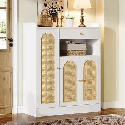 Produktbild von Merax Rattan Schuhschrank mit Stauraum, 1 Schublade, 3 Türen, Sideboard, Schuhregal mit verstellbare Regale, kommode für Flur, Esszimmer, Weiß