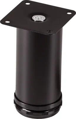 A black furniture leg with a mounting plate and adjustable foot.