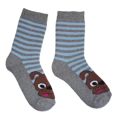 Produktbild von Kinder Plüsch Socken Thermo Voll Frottee aus Baumwolle Charly der Hund Grau Meliert Größe 31-34