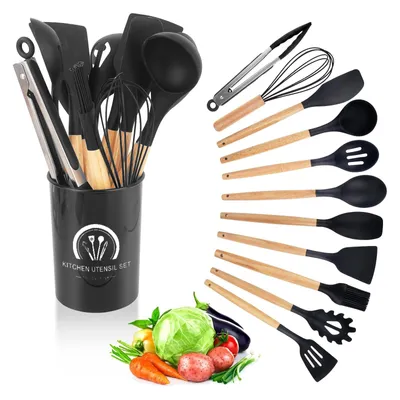 Produktbild von 12-teiliges Silikon Küchenutensilien Set Schwarz mit Utensilienhalter, hitzebeständig & spülmaschinenfest, Küchenhelfer für Kochen und Backen