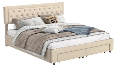Image de Lit rembourré - Lit double 180 x 200 cm - Coffre de rangement à système de levage hydraulique - Tête de lit avec éclairage LED et port USB - Revêtement en velours - Sommier à lattes - Beige