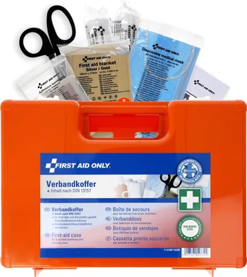Produktbild von First Aid Only Erste Hilfe Koffer DIN 13157 mit Wandhalterung | Verbandskasten für Betriebe und Haushalte gefüllt nach DIN 13157:2021 | Tragegriff, Montagematerial und 90°-Arretierung | P-51001 00