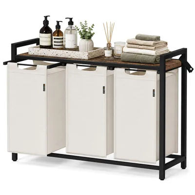 Immagine prodotto di Roxlin Portabiancheria 3 Scomparti 120L – Cesto per Bucato con Ripiano e Struttura in Metallo, Organizer per Bagno e Camera – Crema
