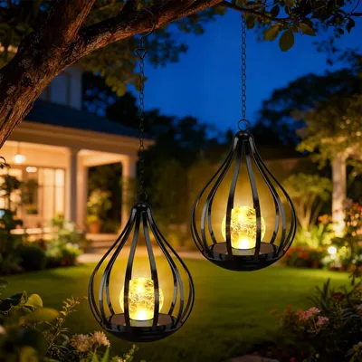 Solar-Hängelampen 2er-Pack, Metall, tropfenförmig, wasserdicht, für Garten