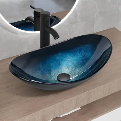 Produktbild von Puluomis Waschbecken Glas Aufsatzwaschbecken Waschschale Oval mit Wasserhahn Ablaufgarnitur Schwarz dunkelblau