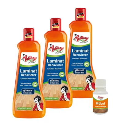 Produktbild von Poliboy 3er  Laminat Renovierer Glänzend - inkl. Möbel Pflege Probe - Inhalt 1,5 Liter - Sofortversiegelung, Schutz & neuer Glanz - 5850001