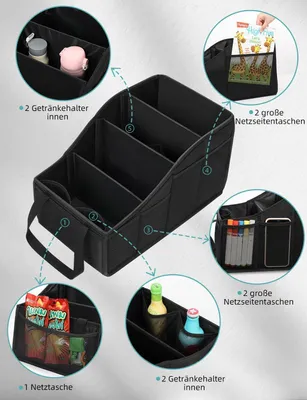 Produktbild von Auto Organizer Kinder Rücksitz mit 4 Fächern und 4 Getränkehalter zusammenklappbar Rückbank Beifahrersitz für Spielzeug Bücher Snacks Schwarz